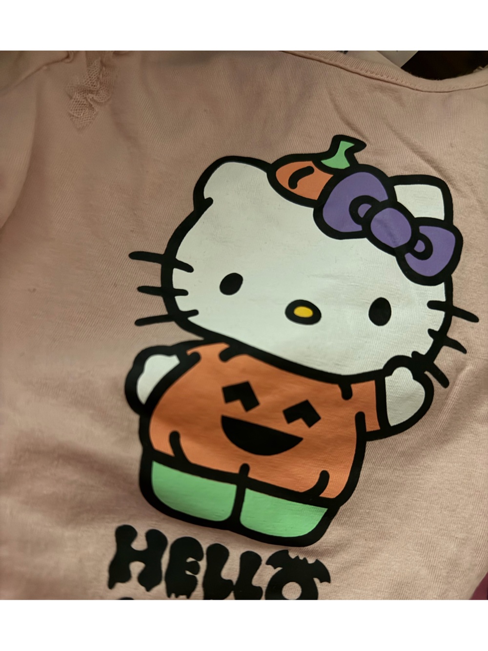 H&M Pink Hello Kitty Pumpkin Graphic Top with Orange, Green & Purple Accents